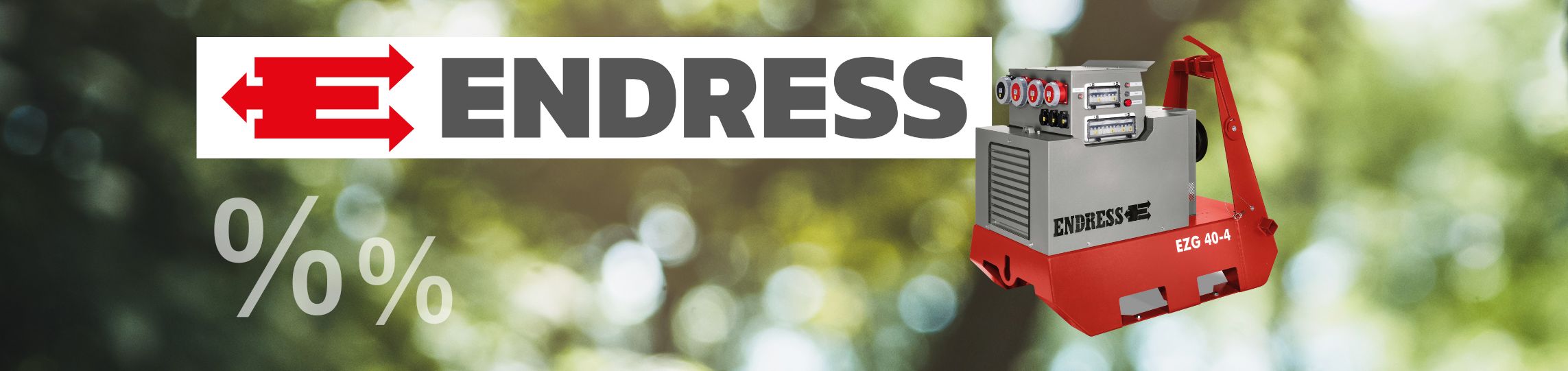 Banner mit Endress Logo und Generator auf grünem Hintergrund, Prozentzeichen deuten Rabatt an.