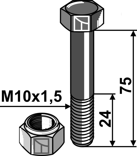Sechskantschraube M10x1,5x75 mit Sicherungsmutter, passend für HMF FREI, Noremat und mehr