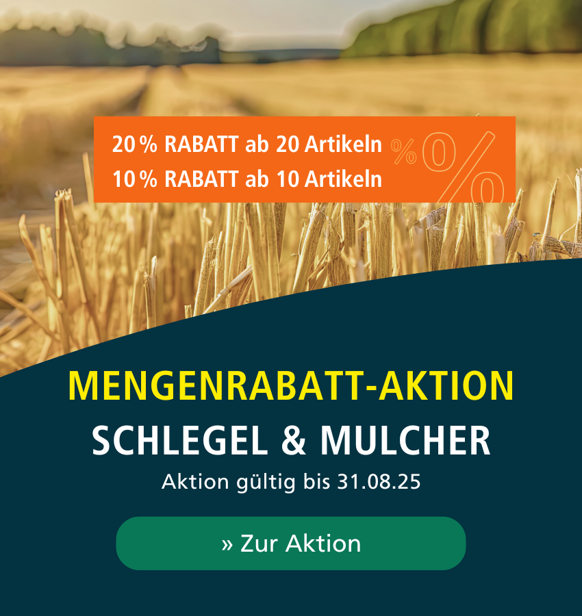 Aktionsbanner mobile fürMengenrabattaktion für Schlegel und Mulcher Ersatzteile im Hintergrund ein Stoppelfeld.