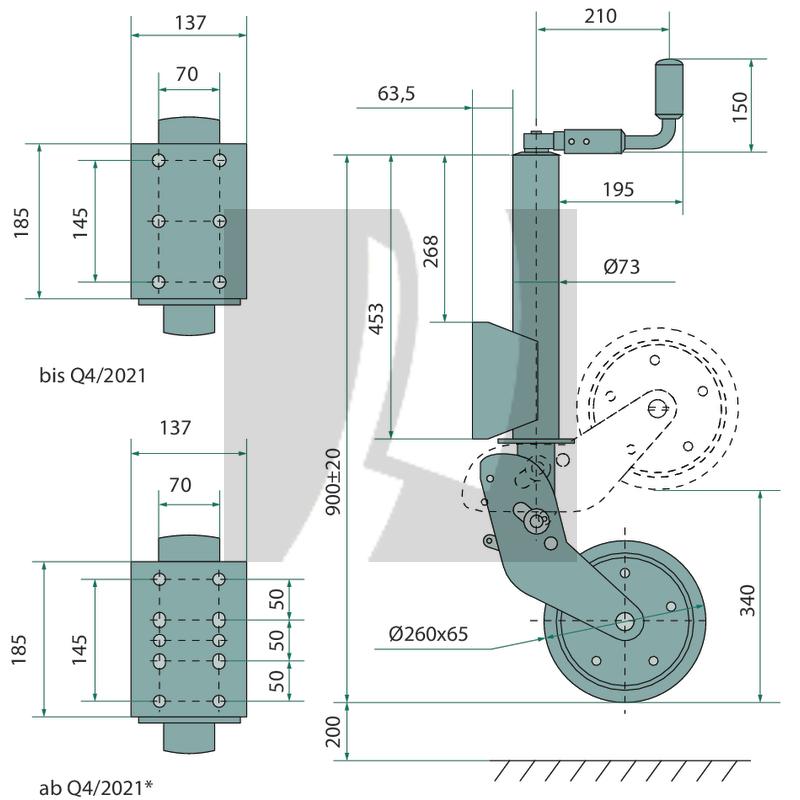 Stützrad mit Rad 260x65 vollautomatisch klappbar