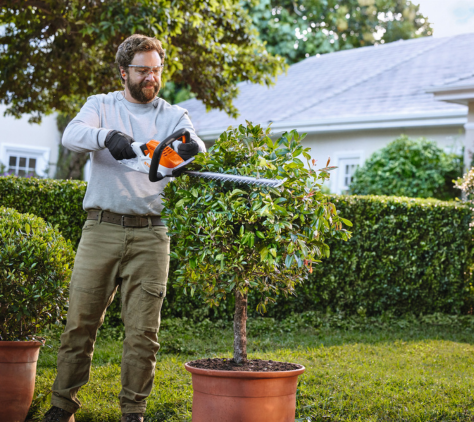 Mann schneidet mit der STIHL HSA40 Akku-Heckenschere einen Strauch im Garten.