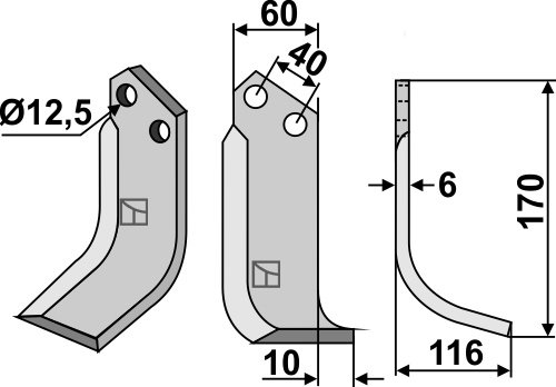 Fräsmesser 170x60mm, rechts, passend für Breviglieri/Breviagri und Maschio/Gaspardo