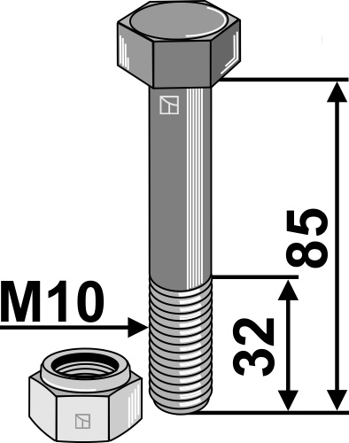 Sechskantschraube M10x1,5x85 mit Sicherungsmutter, passend für Bomford, Marsk-Stig und mehr