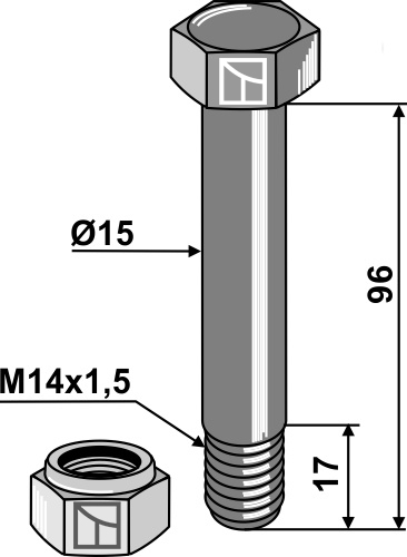 Sechskantschraube M14x1,5x96 mit Sicherungsmutter, passend für Bomford und Berti