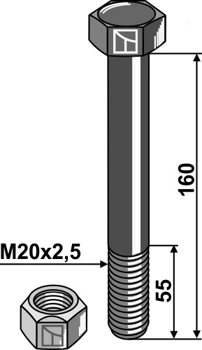 Sechskantschraube M20x2,5x160 mit Sicherungsmutter