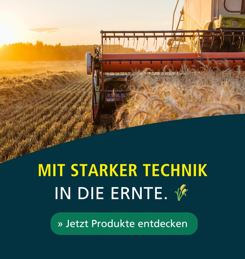 Banner mit einem Mähdrescher bei der Getreideernte und dem Hinweis „Jetzt Ersatzteile sichern – bevor die Ernte richtig losgeht“.