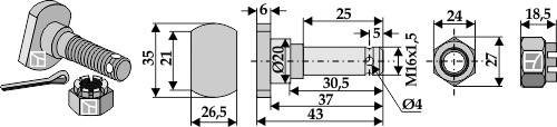 Messerschraube M 16 x 1,5 mit Kronenmutter, passend für Humus