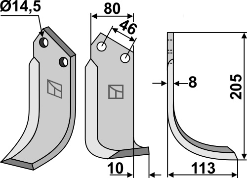 Fräsmesser 205x80mm, rechts, passend für Muratori und Sovema