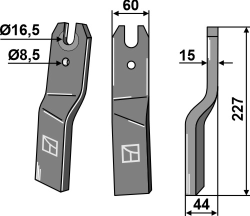 Rotorzinken 227x60mm, rechts, passend für Kuhn