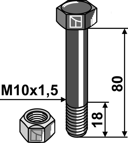 Sechskantschraube M10x1,5x80 mit Sicherungsmutter, passend für Müthing