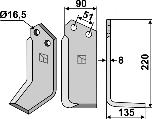 Fräsmesser 220x90mm, rechts, passend für Howard