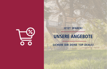 Rote Fläche mit Einkaufswagen-Symbol, daneben Gartenmotiv mit Schriftzug: Unsere Angebote.
