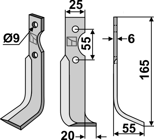 Fräsmesser 165x25mm, rechts, passend für Agria, B.C.S. und mehr