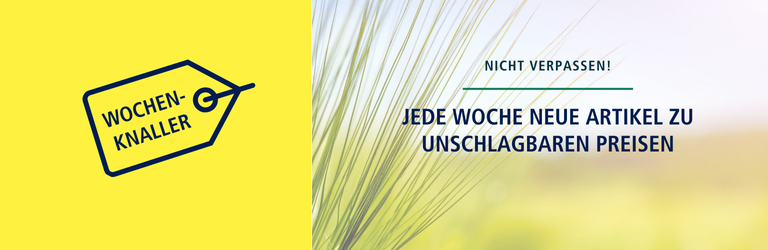 Gelbe Fläche mit Ähre und Hinweis: Wochenknaller – jede Woche neue Agrarartikel zu Top-Preisen.