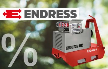 Banner mit Endress Logo und Generator auf grünem Hintergrund, Prozentzeichen deuten Rabatt an.