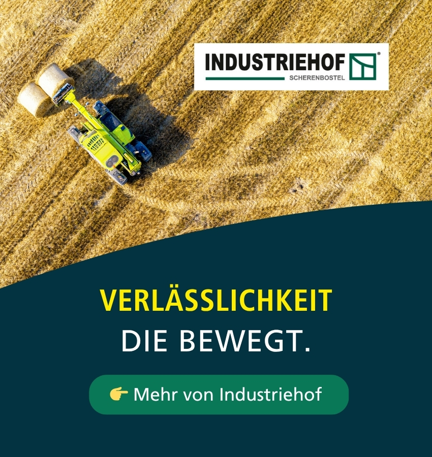 Banner mit dem Schriftzug „Industriehof – unser verlässlicher Partner“ und einem Button mit der Aufschrift „Mehr von Industriehof“.