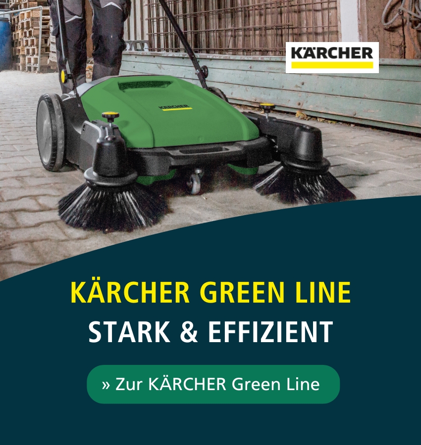 Werbebanner für die umweltfreundliche Kärcher Green Line. Abgebildet ist eine Kehrmaschine im grünen Design. Ein Button mit der Aufschrift ‚Zur Kärcher Green Line‘ führt zur Markenseite mit allen Produkten der Serie.