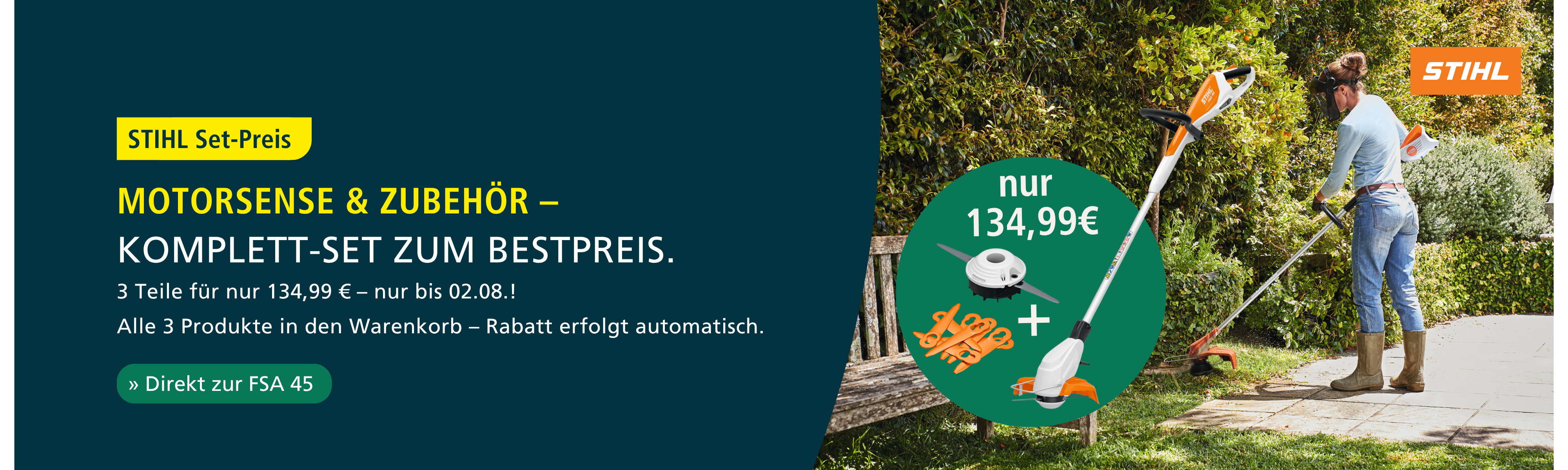 STIHL Bundle-Angebot: Motorsense FSA 45, Mähkopf PolyCut und Messer-Set für nur 134,99 € statt 162,50 € UVP. Aktion gültig bis 02.08.