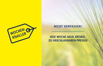 Gelbe Fläche mit Ähre und Hinweis: Wochenknaller – jede Woche neue Agrarartikel zu Top-Preisen.