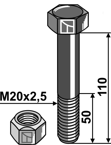 Sechskantschraube M20x2,5x110 mit Sicherungsmutter, passend für Mulag