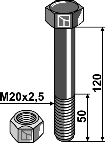 Sechskantschraube M20x2,5x120 mit Sicherungsmutter, passend für Mulag, Agrimaster und mehr