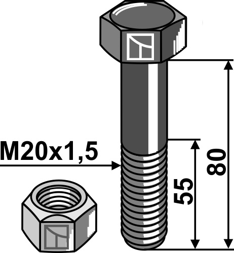 Sechskantschraube M20x1,5x80 mit Sicherungsmutter, passend für Bomford und Mc Connel
