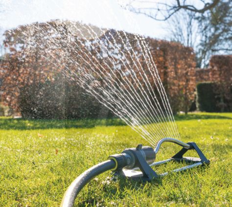 Rasensprenger bewässert grünen Rasen mit feinem Wasserstrahl