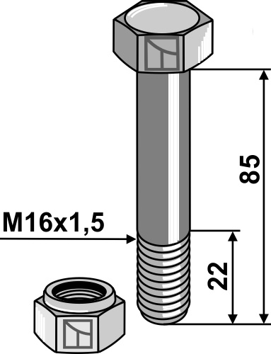 Sechskantschraube M16x1,5x85 mit Sicherungsmutter, passend für Vogel u. Noot und Müthing