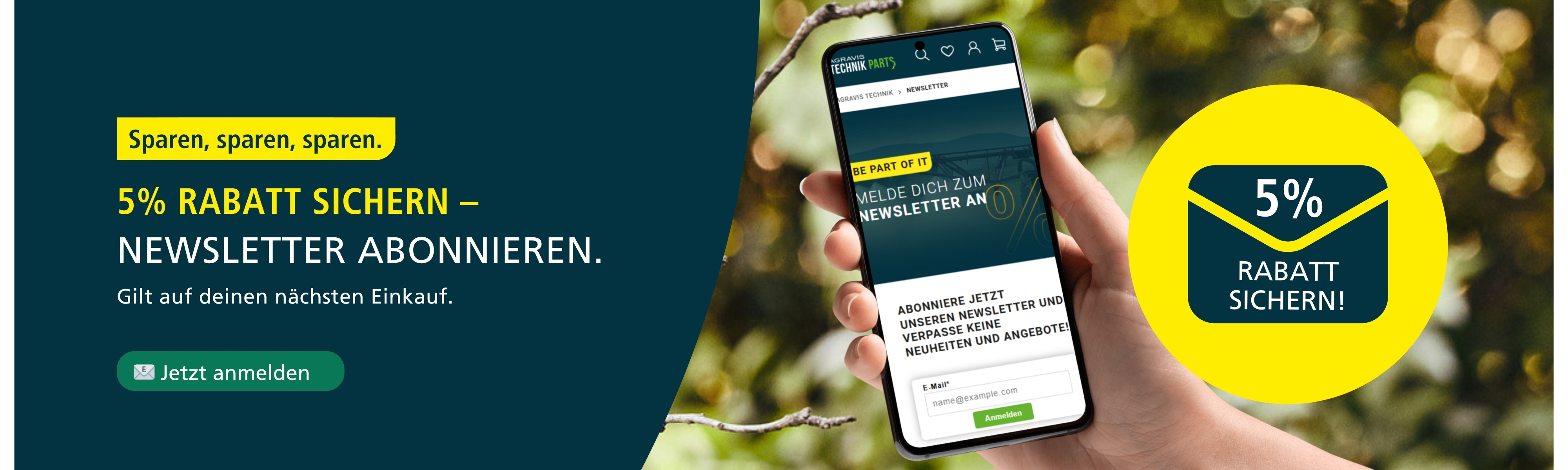 Banner mit dem Hinweis „Jetzt zum Newsletter anmelden und 5 % Rabatt sichern“ – Werbeaktion zur Newsletter-Anmeldung.