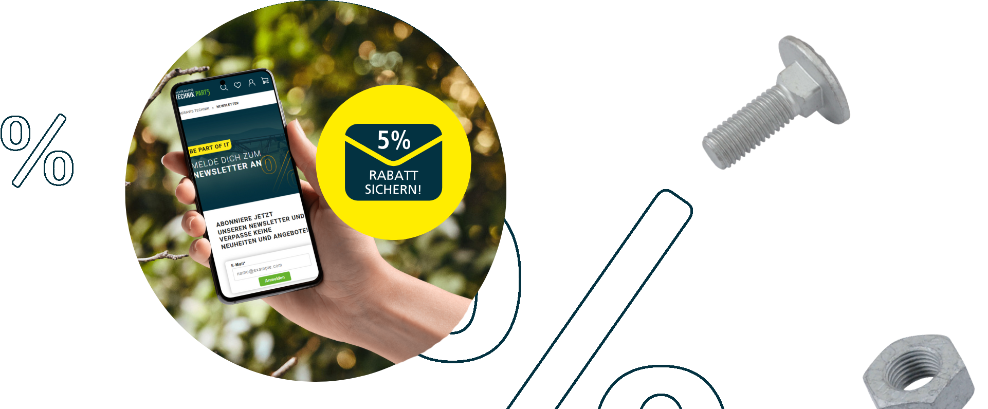 Banner mit dem Hinweis „Jetzt zum Newsletter anmelden und 5 % Rabatt sichern“ – Werbeaktion zur Newsletter-Anmeldung.