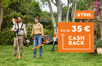 STIHL Cashback: Zwei Personen mit Gartengeräten im Grünen.