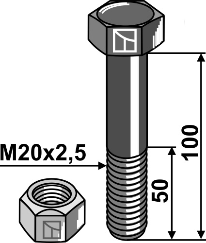 Sechskantschraube M20x2,5x100 mit Sicherungsmutter, passend für Mulag und Mc Connel
