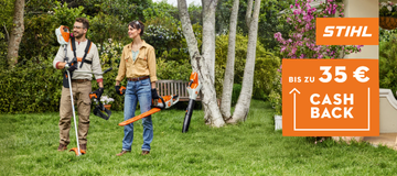 STIHL Cashback Aktion – Jetzt Geld zurück beim Kauf ausgewählter STIHL Geräte. Aktionsbanner mit STIHL Logo und Hinweis auf die zeitlich begrenzte Aktion