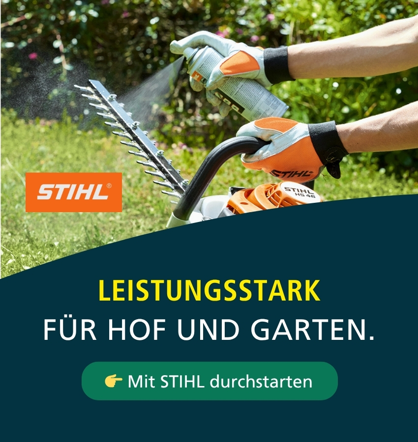 Banner mit einer STIHL-Heckenschere, die mit einem Pflegespray besprüht wird – Werbung für Produkte aus der Kategorie Hof und Garten.
